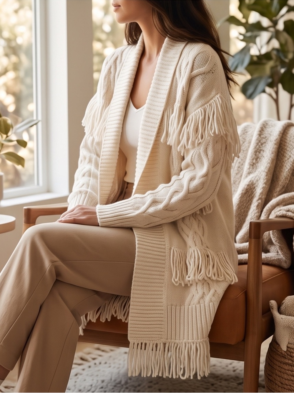 River Island Ivory Shawl Collar Fringe Cable Knit Cardigan ultimate style